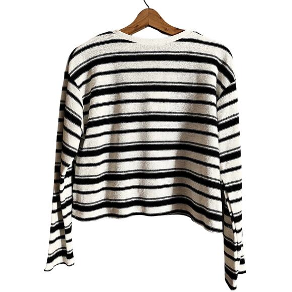 ZARA Crop Rustic Sweater Striped Long Sleeve Cotton White Black Crew Neck Medium - Picture 4 of 11